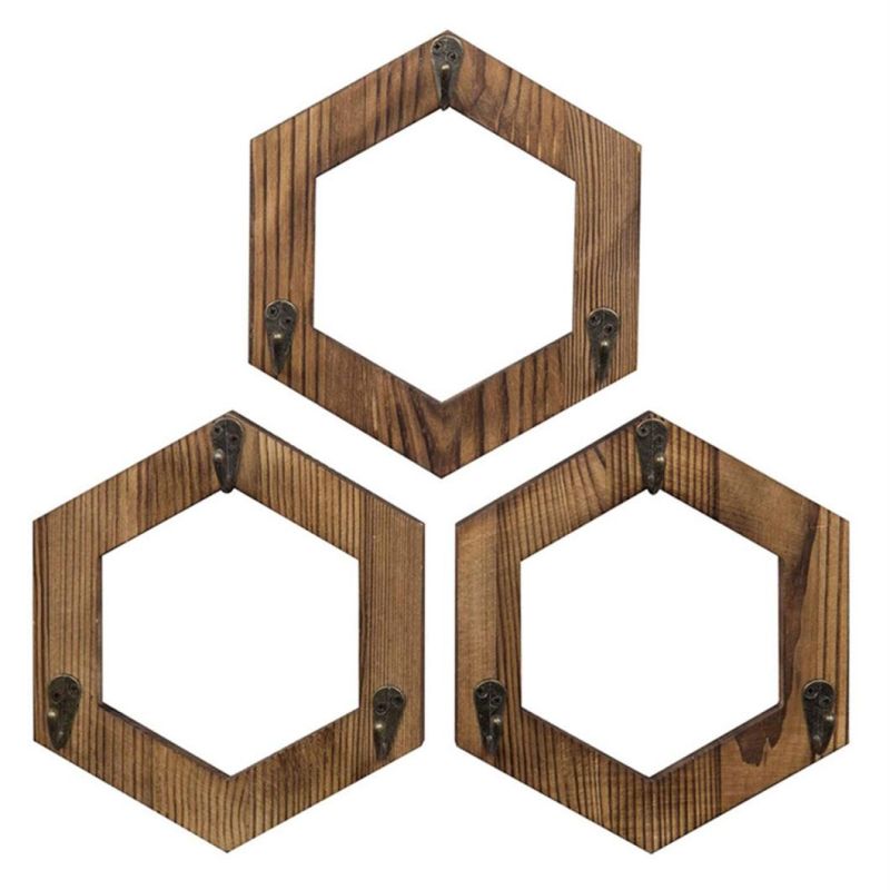 Rustic Brown Torched Wood Geometric Hexagon Wall Mounted Coffee Mug Cups Holder Storage Hanging Rack