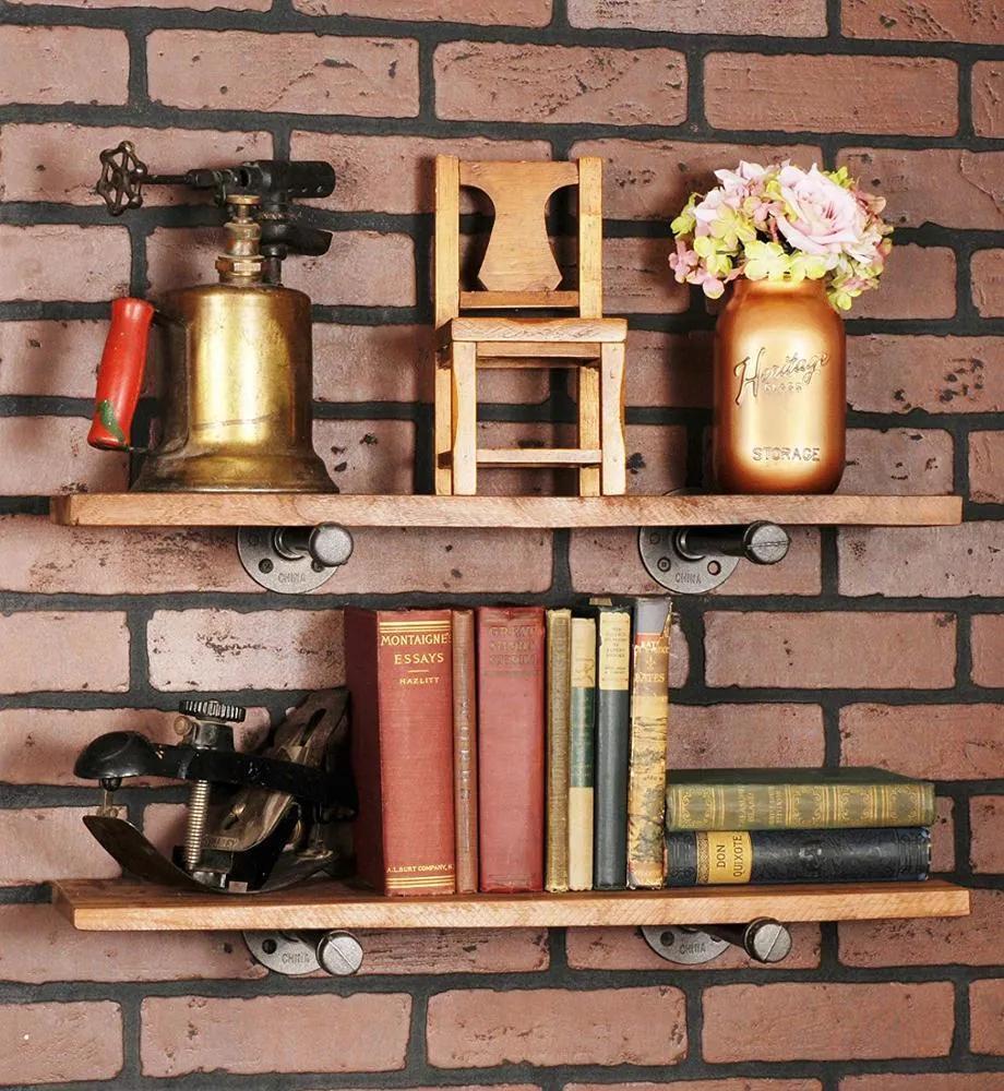 Decorative Floating Rustic Home Decor Wall Mount Iron Metal Industrial Shelving Pipe Shelf Bracket Support with Wood 3-Tiers