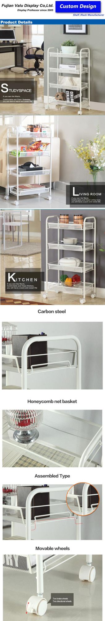 Indoor Home Sink Dish Drainer 4-Tier Metal Storage Cart Shelf Rack with Wheels