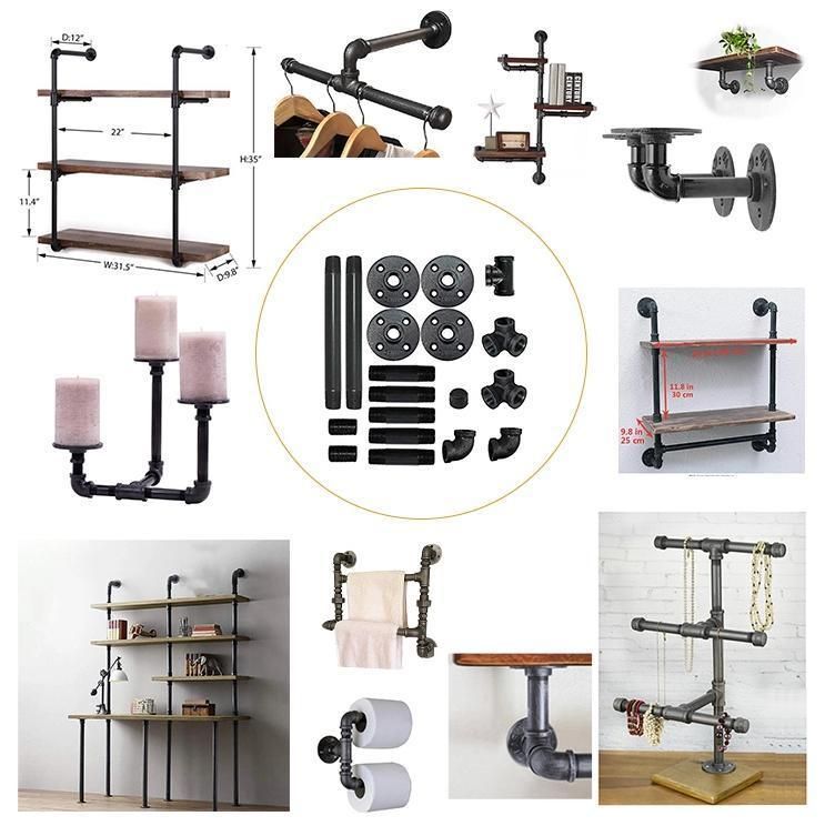 Industrial Black Iron Wall Mounted Pipe Shelf Brackets with Black Floor Flange