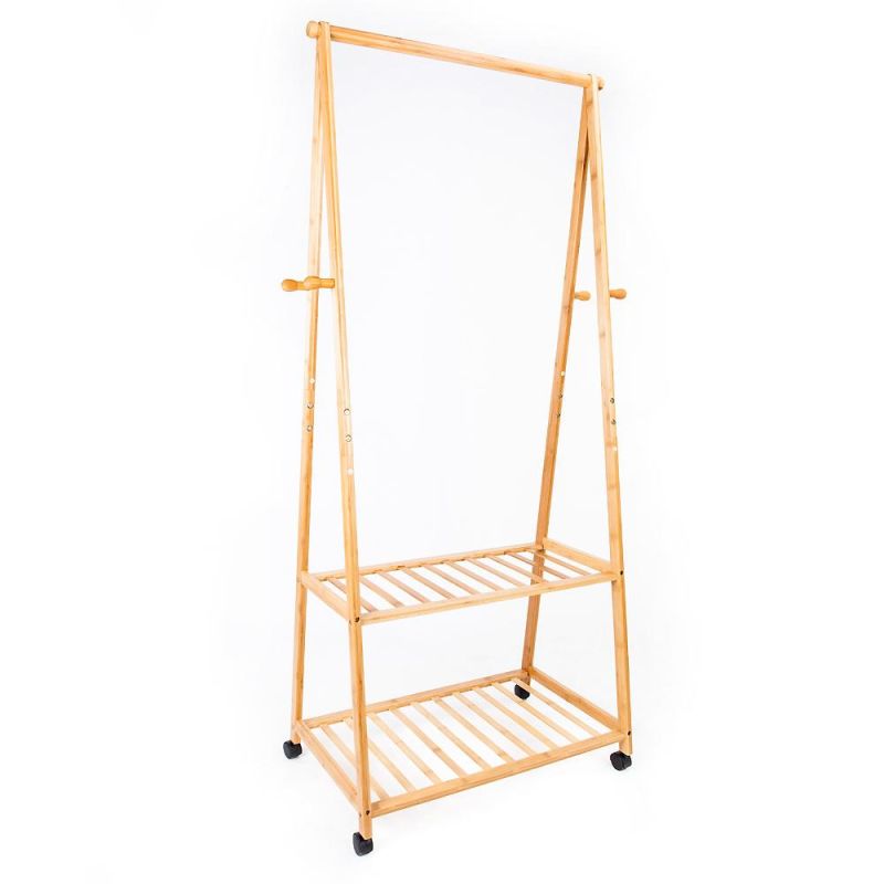 Bedroom Bamboo Frame Garment Rack Cloth Hanger Shelf Wooden Clothing Hanging Clothes Rack with Laundry Basket