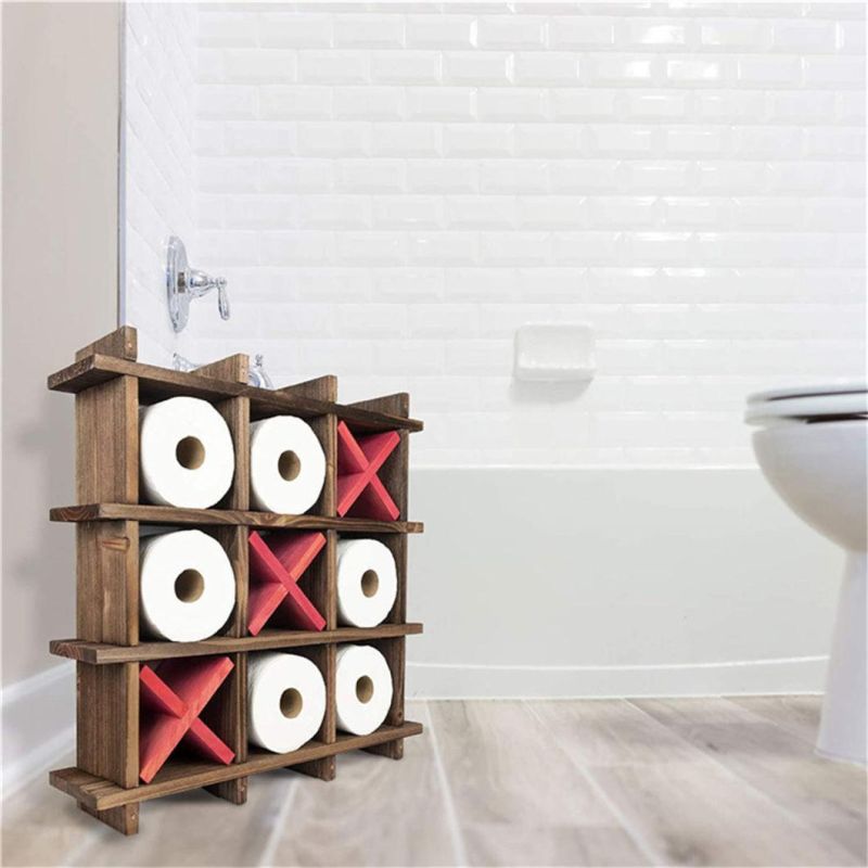 Rustic Paper Wooden Bathroom Kitchen Organizer Rack Wall-Mounted Tissue Paper Roll Holder
