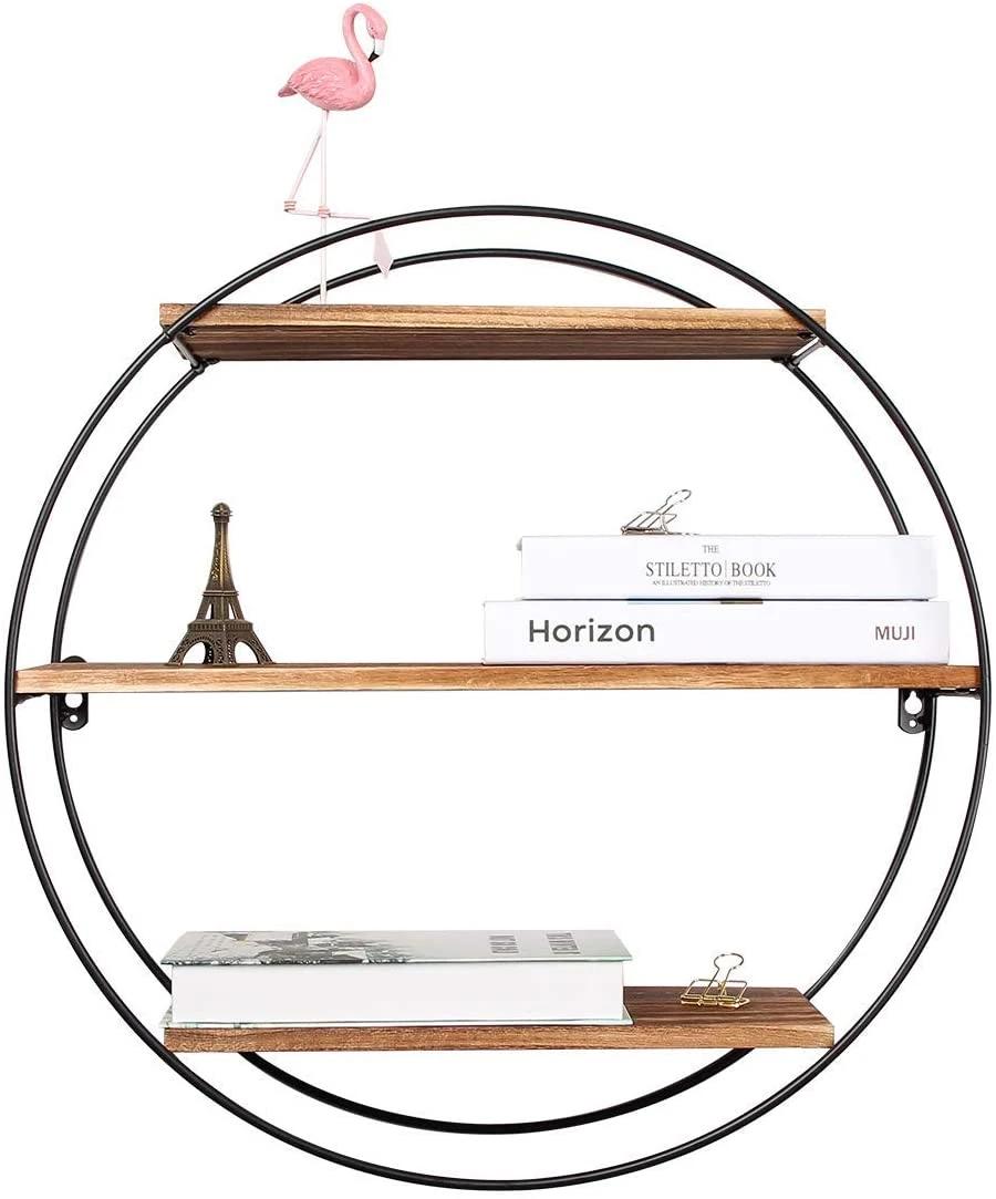 Floating Shelves, 3 Tier Geometric Round Wall Shelves Decorative Wood and Metal Hanging Shelf, Rustic Farmhouse Decor