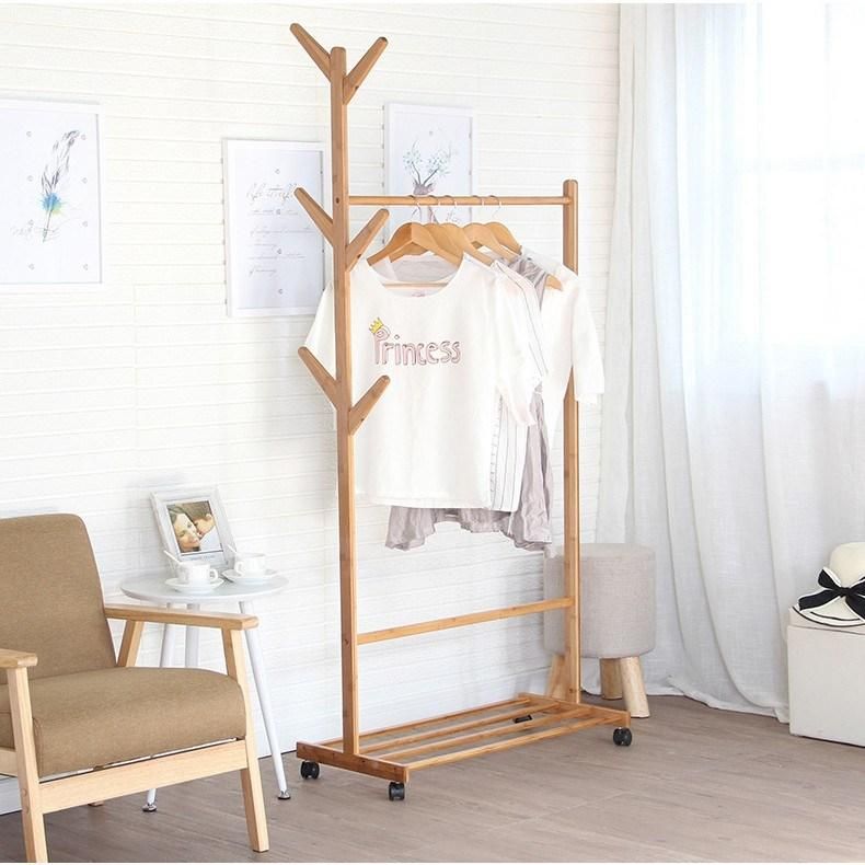 Natural Color Bamboo Clothes Laundry Rack with Lower Shoe Shelf for Extra Storage Space Garment Stand