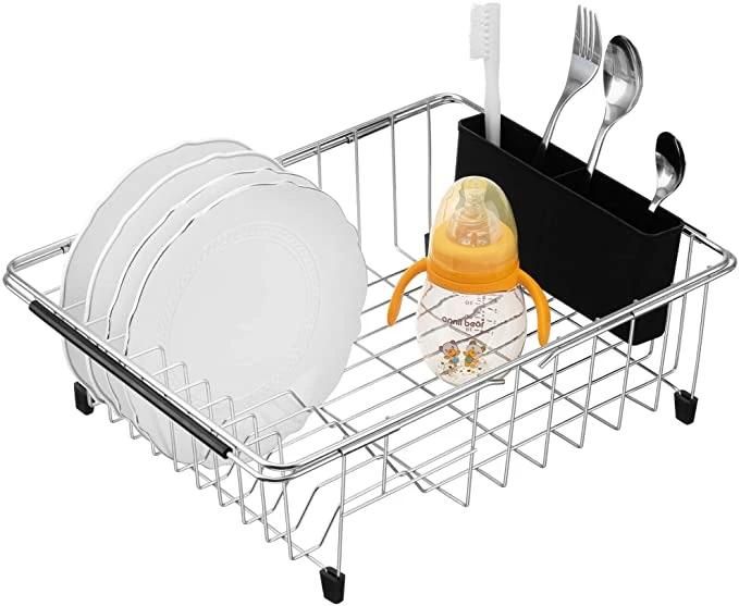 Expandable Deep & Large Dish Drying Rack, Over The Sink, in Sink or on Counter Dish Drainer with Black Removable Utensil Silverware Holder, Rustproof Stainless