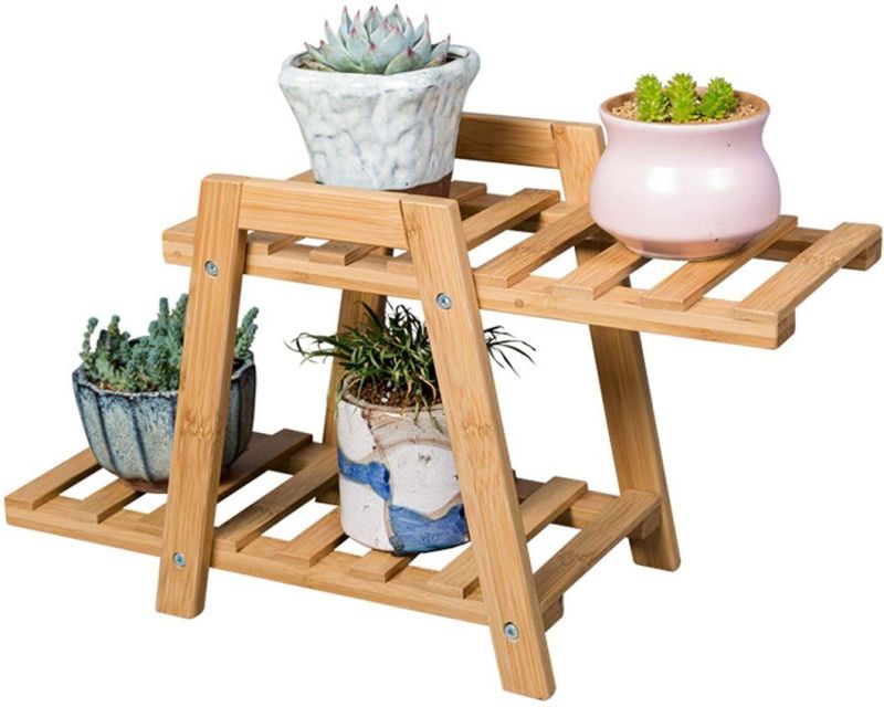 Small Plant Stand - Bamboo 2 Tier Plant Rack & Shelf Planter for Succulents, Flowers, Rose. Great for Window Sill, Indoor, Outdoor Display on Tabletop