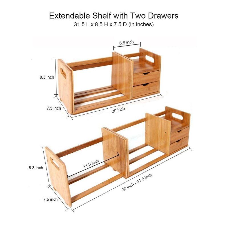 Bamboo Desktop Bookshelf Counter Top Bookcase Adjustable with 2 Drawers, Desk Storage Organizer Display Shelf Rack for Office Supplies, Kitchen, Bathroom