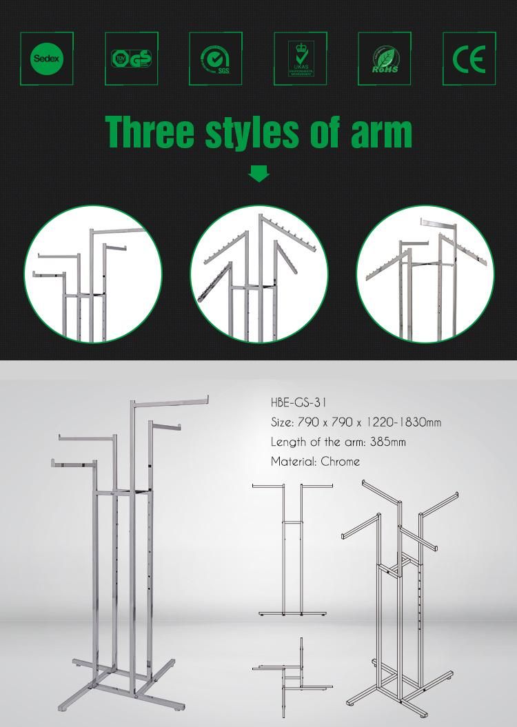 Four Way Movable Cloting Garment Display Rack with Straight Arm