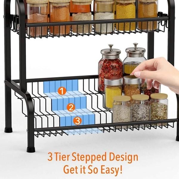 Kitchen Storage Holder Metal Spice Rack with Hooks 3 Tier