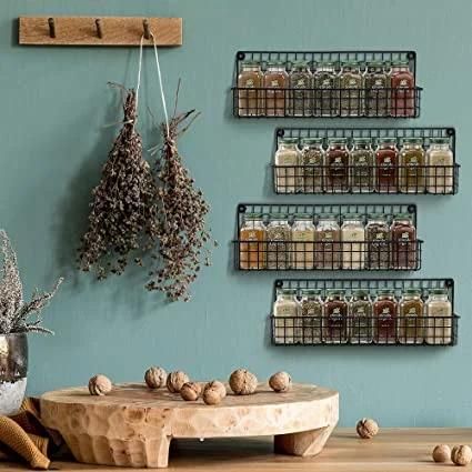 Farmhouse Style Hanging Spice Racks for Wall Mount - Easy to Install Set of 4 Space Saving Racks - The Ideal Seasoning Organizer for Your Kitchen