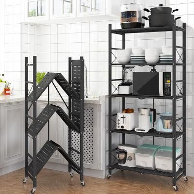 Carbon Steel Kitchen Shelf Floor-Standing Multi-Layer Foldable Kitchen Rack Organizer Multifunctional Storage Holders &amp; Racks