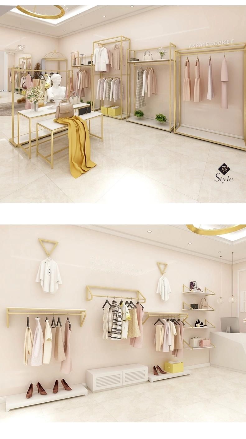 Custom Boutique Gold Clothing Wall Mounted Rack Nesting Table Clothes Shelving Garment Display