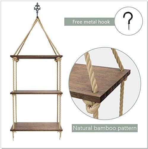 Hanging Wall Shelves, Swing Rope Floating Shelf, 3 Tier Bamboo Hanging Storage Shelves for Living Room/Bedroom/Bathroom and Kitchen