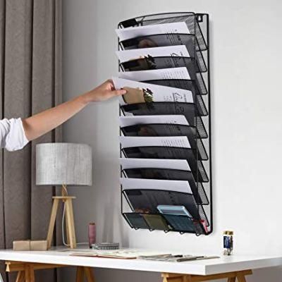 10-Tier Wall File Holder Hanging Mail Organizer Wall Mount Magazine Rack, Black