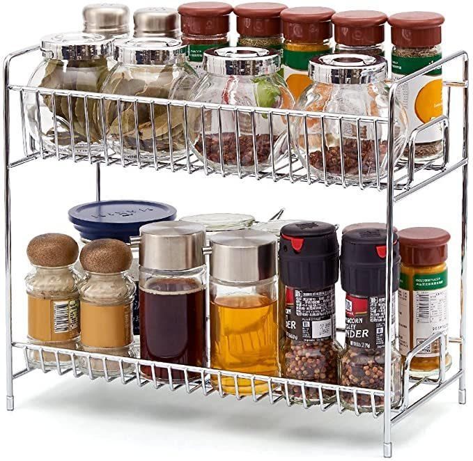 2-Tier Standing Spice Seasoning Rack, Jars Bottles Cans Storage Organizer Holder Shelf for Kitchen Pantry Bathroom Countertop - Chrome