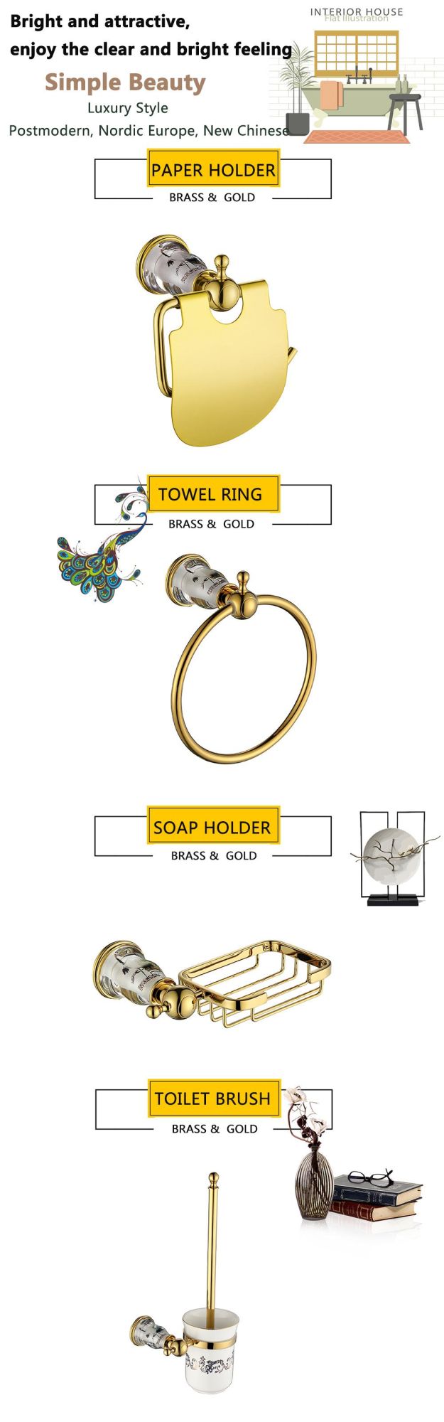 Wholesale Bathroom Accessory Luxurious Crystal Gold Towel Rack