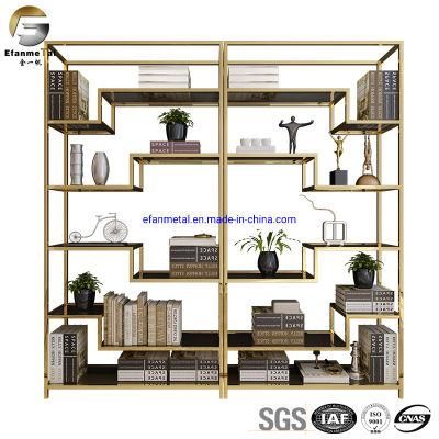 Ef955 Foshan Factory Gold Price Hotel Living Room Decoration PVD Stainless Steel Customized Metal Book Shelves