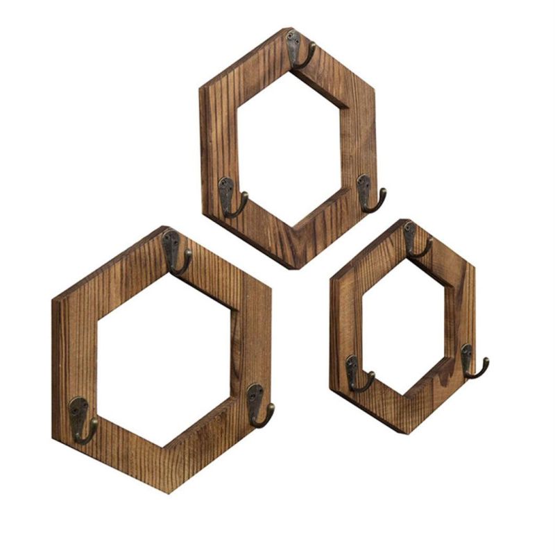 Rustic Brown Torched Wood Geometric Hexagon Wall Mounted Coffee Mug Cups Holder Storage Hanging Rack