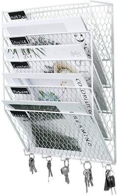 Hanging Wall File Holder Mail Organizer Metal Chicken Wire Document Rack with 5 Hooks, 5-Tier, White