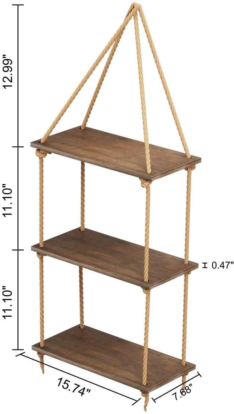 Hanging Wall Shelves, Swing Rope Floating Shelf, 3 Tier Bamboo Hanging Storage Shelves for Living Room/Bedroom/Bathroom and Kitchen