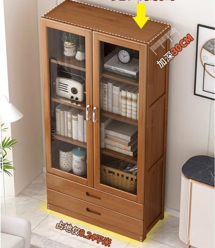 Simple Bookshelf Floor with Glass Door Bookcase Living Room Combination Locker Rack Solid Wood Storage Children Students