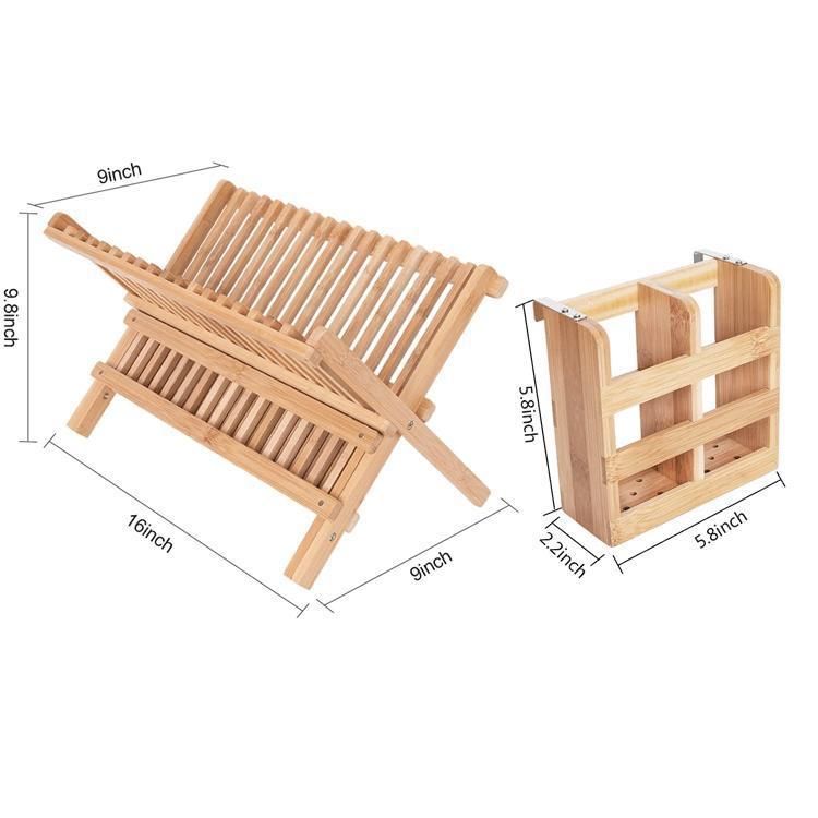 2 Tier Bamboo Plate Storage Rack Folding Dish Drying Racks for Kitchen Display Organizer