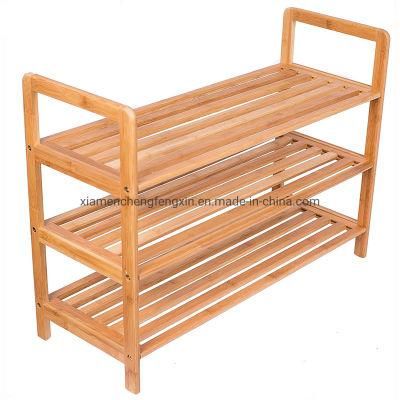 Living Room Furniture Closets and Entryway Free Standing 3 Tier Wood Bamboo Shoe Rack with Handles