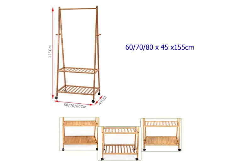 Multi-Function Bamboo Garment Laundry Storage Hanger Cloth Rack with Rolling Wheel for Entryway and Bed Room