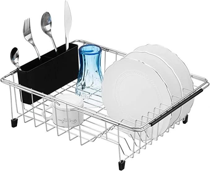 Expandable Deep & Large Dish Drying Rack, Over The Sink, in Sink or on Counter Dish Drainer with Black Removable Utensil Silverware Holder, Rustproof Stainless