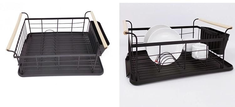 Kitchenware Metal Storage Shelf Plate Rack Dish Drainer Dish Drying Rack with Wood Handle