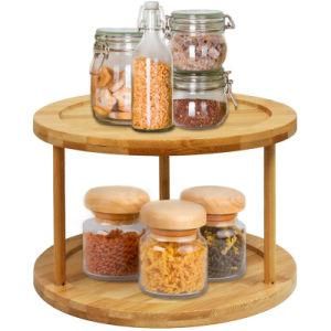 2 Tier Bamboo Wood Kitchen Turntable Wooden Spices Condiments Storage Rack Kitchen Pantry Cabinet Wooden Closet Shelf