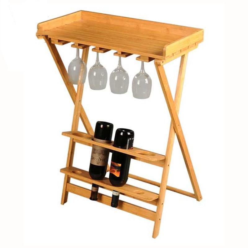 Creative Kitchen Organizer Wooden Foldable Bamboo Snack Table with Wine Display Shelf