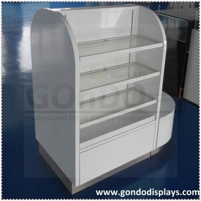 4-Tiers White Wood Engine Oil Display Rack with Drawer and Tempered Glass Shelves