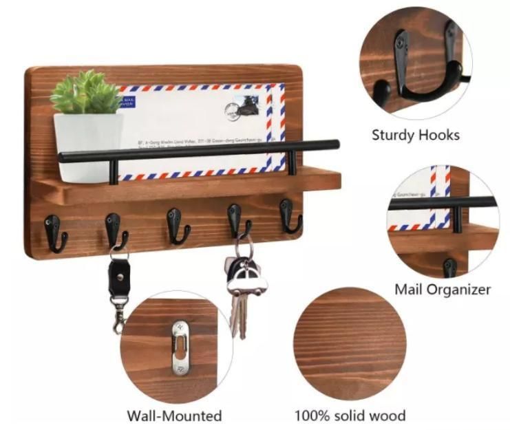 Rustic Wood Entryway Shelf Wall-Mounted Coat Hooks Mail Holder Organizer Key Holder Rack