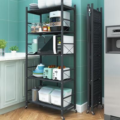 5-Tier Mobile Iron Foldable Kitchen Standing Shelving Unit Shelves Metal Storage Folding Pantry Rack with Wheels