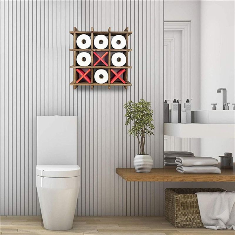 Rustic Paper Wooden Bathroom Kitchen Organizer Rack Wall-Mounted Tissue Paper Roll Holder