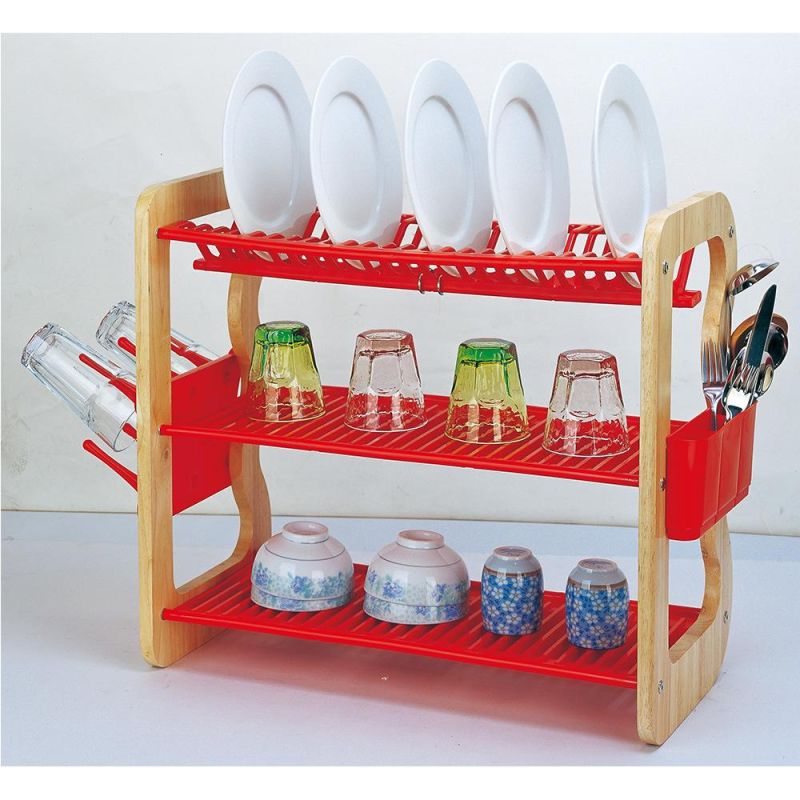 Wooden Kitchen Bowl Plate Organizer Stainless Dish Drying Rack with Draier Board