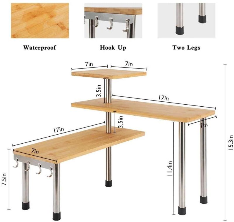 3 Tier Corner Shelf Kitchen Spice Rack with Hooks, Adjustable Bamboo Space Saving Cabinet Organizer Display Shelves, Freestanding Countertop Storage Rack