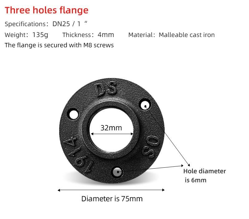 Black DN20 Industrial Pipe Furniture Malleable Iron Hardware Floor Flange