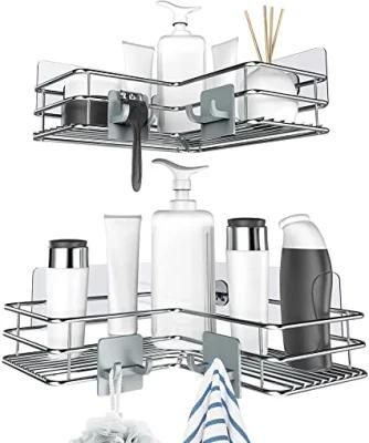 Adhesive Corner Shower Caddy Shelf Basket Rack with Hooks, Rust Proof Stainless Steel Bathroom Shelf Shampoo Holder No Drilling 2 Pack