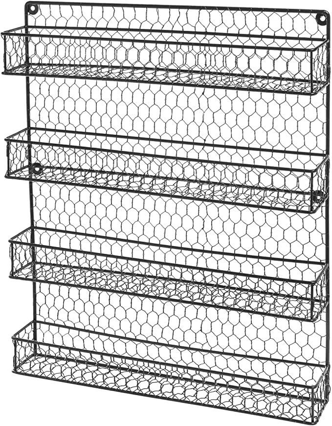 Wall Mounted 4-Tier Black Chicken Wire Spice Rack, Tea Jar Organizer, Multipurpose Home Storage Rack