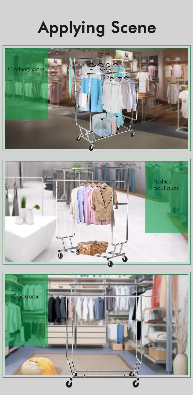 Movable Heavy Duty Chrome Metal Rolling Clothes Garment Clothing Hanging Rack with Wheels