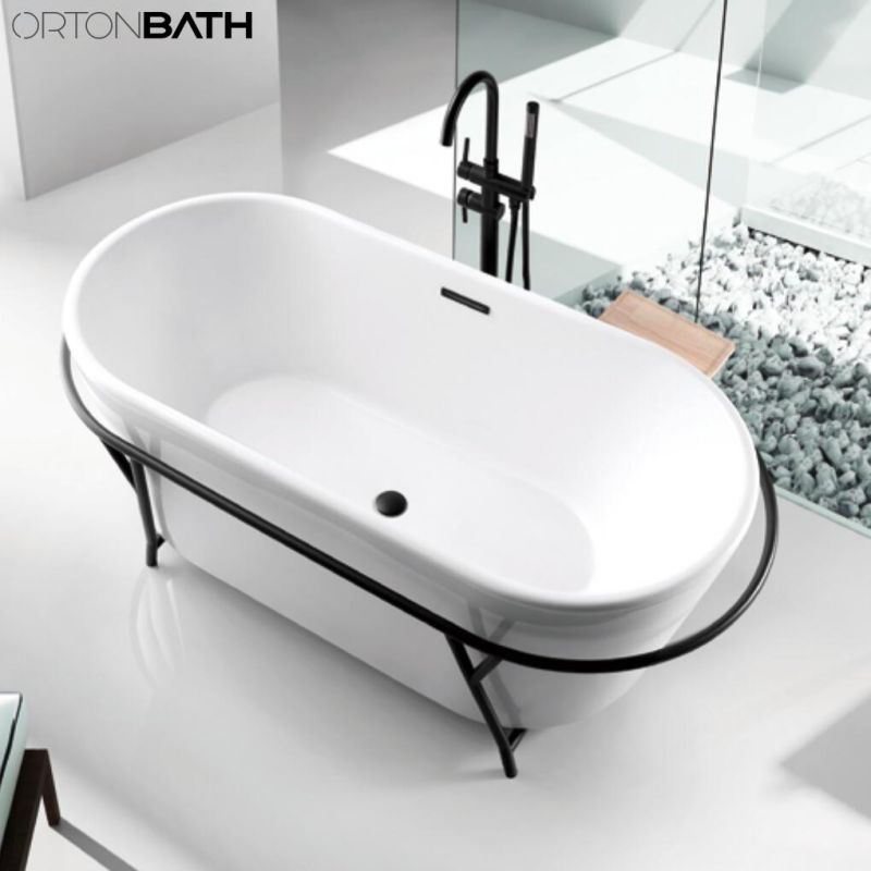 Ortonbath Adult Acrylic Freestanding Hot Swim SPA Bathtub Bath Tub Freestanding Plastic Sanitary Ware Bathtub with Black Shelf Rack