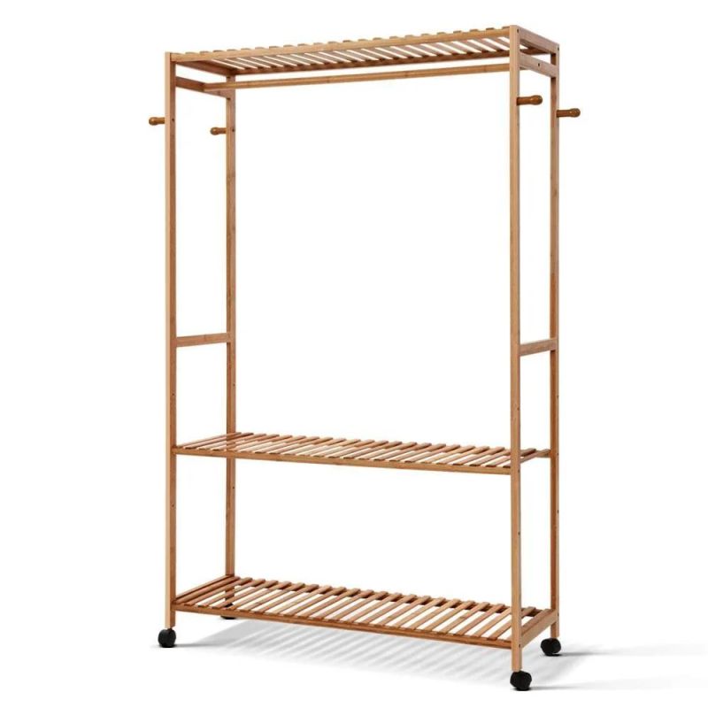 Bamboo Coat Clothes Hanging Heavy Duty Garment Rack with Top Shelf and Shoe Clothing Storage Organizer Shelves