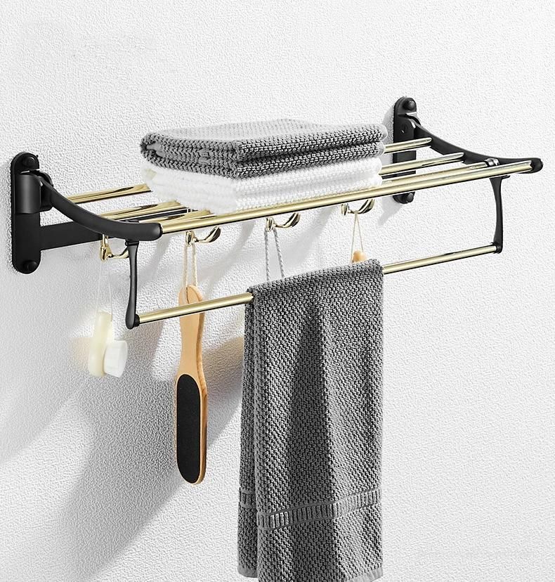 Nail Free Foldable Brass Bath Towel Rack Active Bathroom Towel Holder Shelf with Hooks Bathroom Accessories