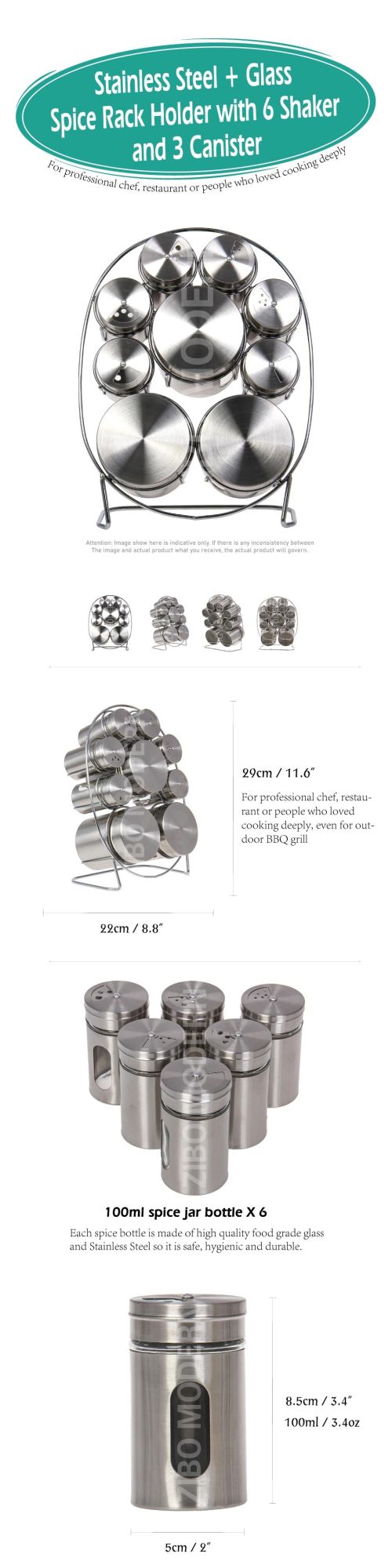 Stainless Steel + Glass Spice Rack Holder with 6 Shaker and 3 Canister - Spice Storage Rack