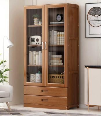 Simple Bookshelf Floor with Glass Door Bookcase Living Room Combination Locker Rack Solid Wood Storage Children Students