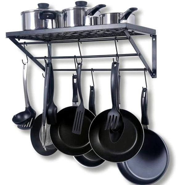 Wall Mounted Pots and Pans Hanging Rack with 10 S Hooks Book Shelf