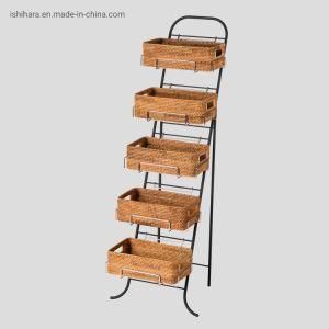 Foldable Goods Display Rack with Rattan Basket for Stores
