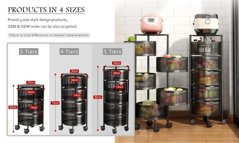 Movable and Rotatable Kitchen Storage Rotating Rack with Basket